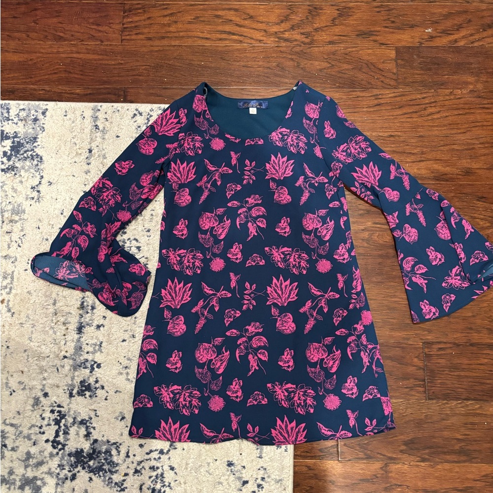 Blue Rain Blue Pink A-line Dress with Long Bell Sleeves for Casual Wear